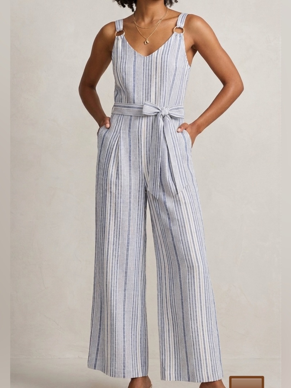 Derek Heart Blue White Striped Wide Leg Jumpsuit Large Sleeveless V-Neck Pocket